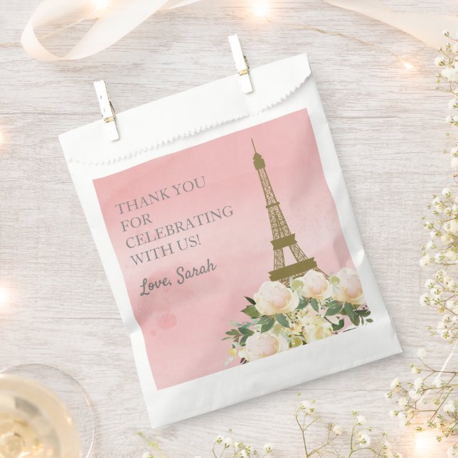 Bolsa De Papel Torre Eiffel rosa y dorada Gracias (Cortado)