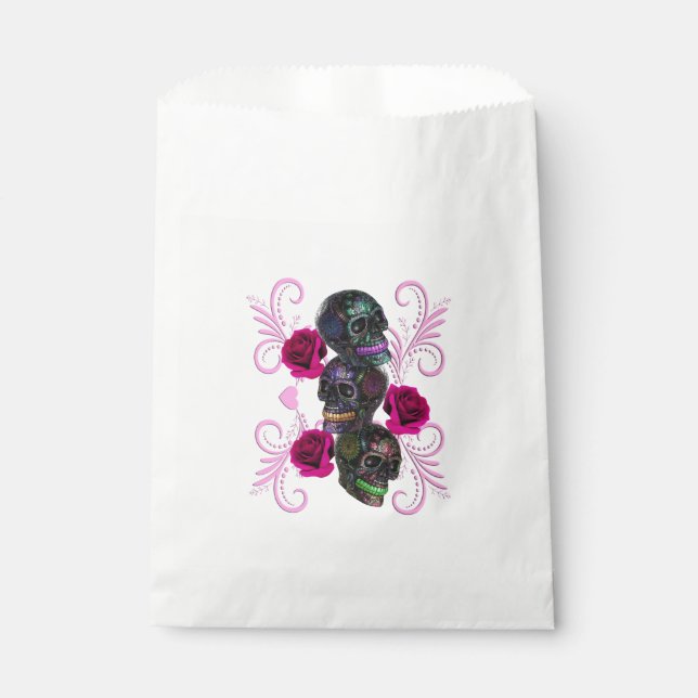 Bolsa De Papel Triple Día Negro De Los Cránulos Muertos Rosas Ros (Anverso)