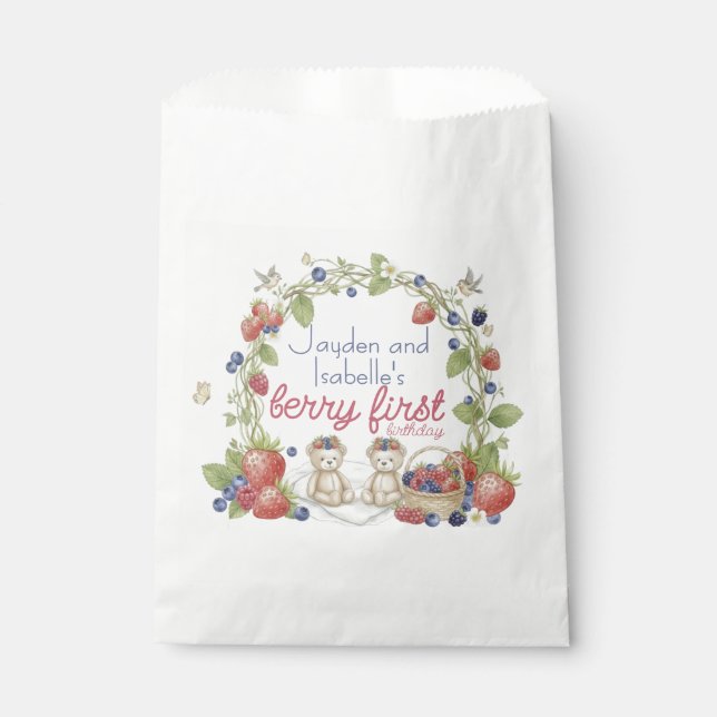 Bolsa De Papel Twins Berry First 1st Birthday Party  (Anverso)