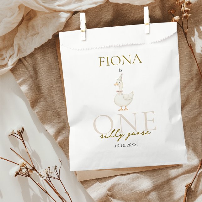 Bolsa De Papel Un cumpleaños de Silly Goose Gingham (One Silly Goose Favor Bags Gingham Beige Gender Neutral Party Favors 1st Birthday)