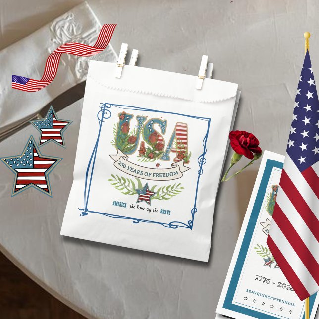 Bolsa De Papel US 250 Years of Freedom Elegant Blue Border  (US 250 Years of Freedom Elegant Blue Border Favor Bag)