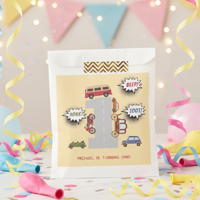 Bolsa De Papel Vehículos retro de pitido de hongos primer cumplea (Subido por el creador)