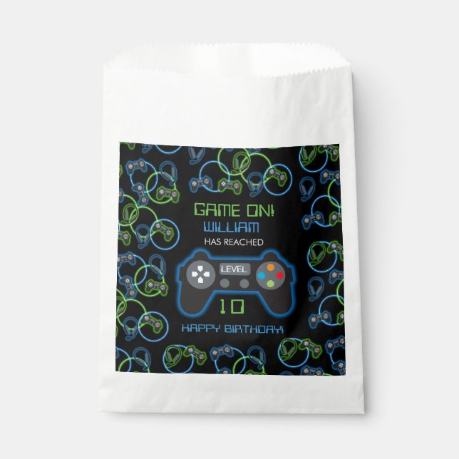 Bolsa De Papel Videojuego Neon Blue & Green Birday Party (Anverso)