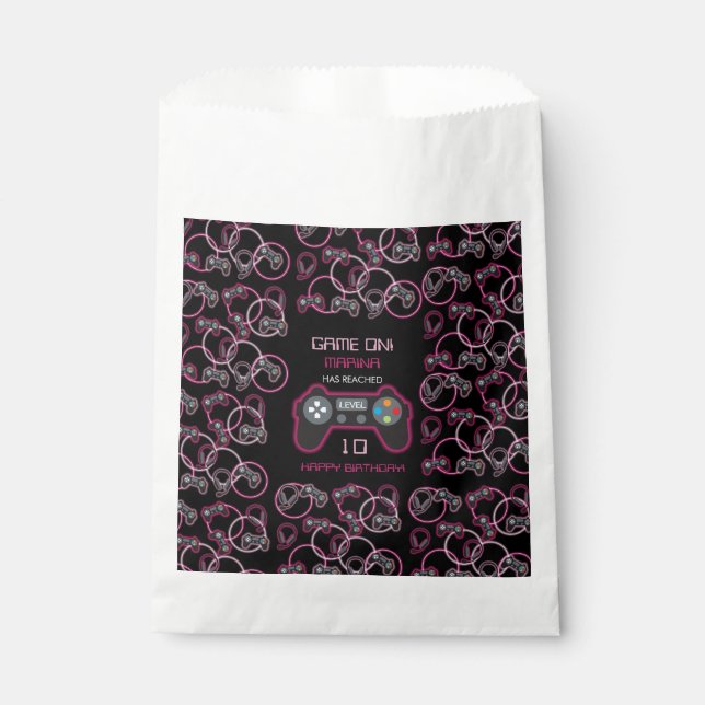 Bolsa De Papel Videojuego Neon Pink Girls Birday Party (Anverso)