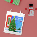 Bolsa De Papel Vintage Christmas Tree Winter Wonderland<br><div class="desc">Esta encantadora bolsa es la manera perfecta de añadir un toque personal a sus regalos de vacaciones. Presenta un árbol de Navidad bellamente ilustrado, adornado con ornamentos rojos y blancos y coronado con una estrella amarilla radiante. El árbol se alza sobre un fondo azul y nevado, creando una escena de...</div>