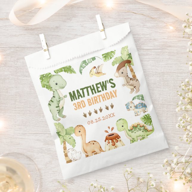 Bolsa De Papel Watercolor Cute Dinosaur Greenery Tercer Cumpleaño (Cortado)
