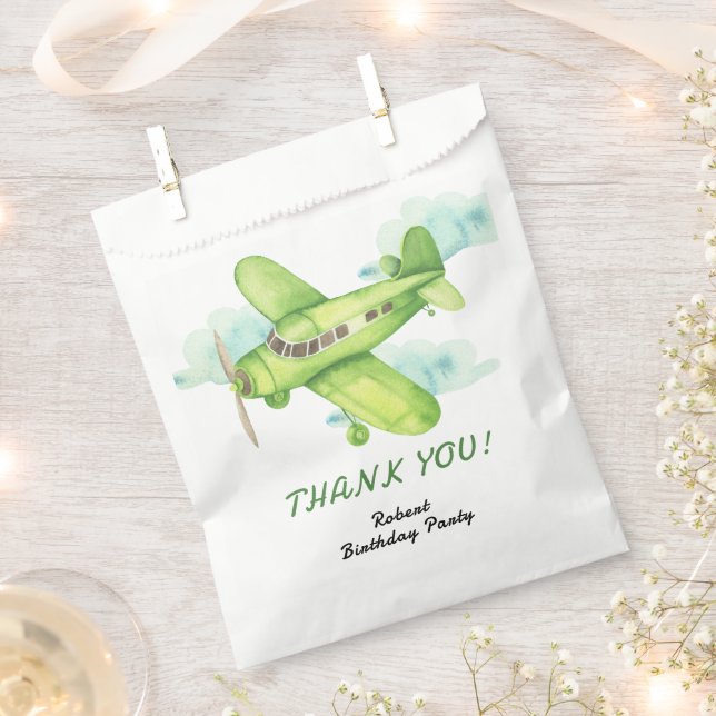Bolsa De Papel Watercolor Green Airplane Birday gracias (Cortado)