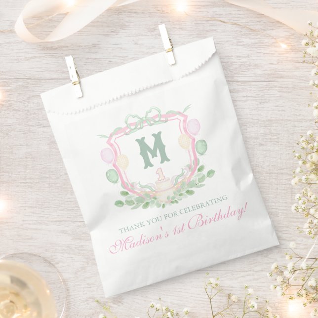 Bolsa De Papel Watercolor Pinkb1st Birthday Monogram Crest Gift (Cortado)