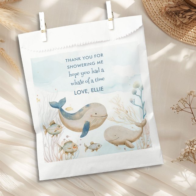Bolsa De Papel Whale of a Time Ocean Boy Baby Shower Gracias (Favor bags with custom message from the Whale Baby Shower Collection by Darling & May)
