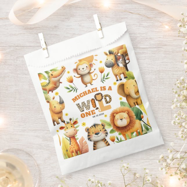 Bolsa De Papel Whimsical Safari Animals WILD ONE 1st Birthday  (Cortado)