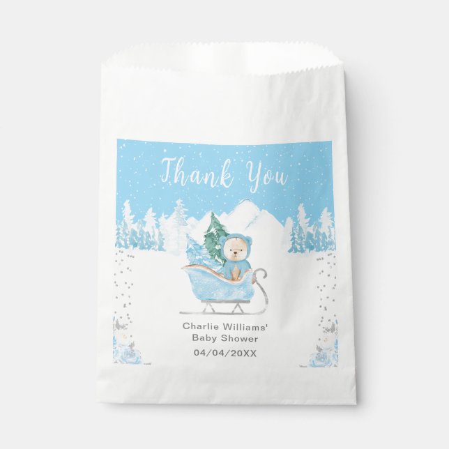 Bolsa De Papel Winter Bear Blue Sleigh Baby Shower Gracias (Anverso)