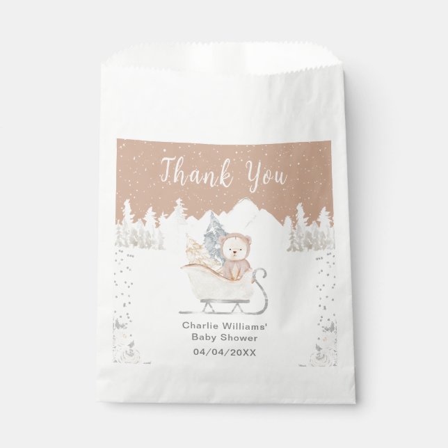 Bolsa De Papel Winter Bear Brown Sleigh Baby Shower Gracias (Anverso)