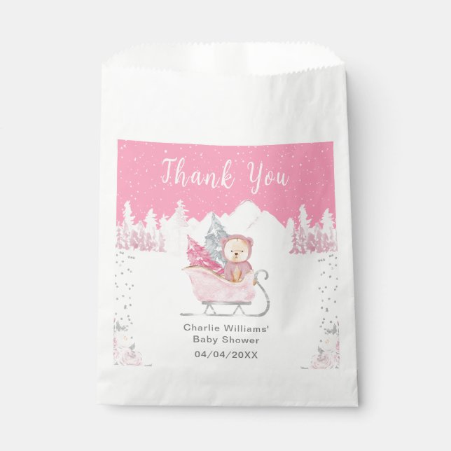 Bolsa De Papel Winter Bear Pink Sleigh Baby Shower Gracias (Anverso)