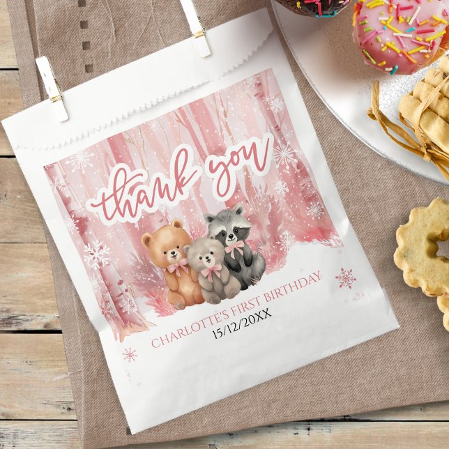 Bolsa De Papel Winter Onederland Bear Pink First Birthday Party (Subido por el creador)