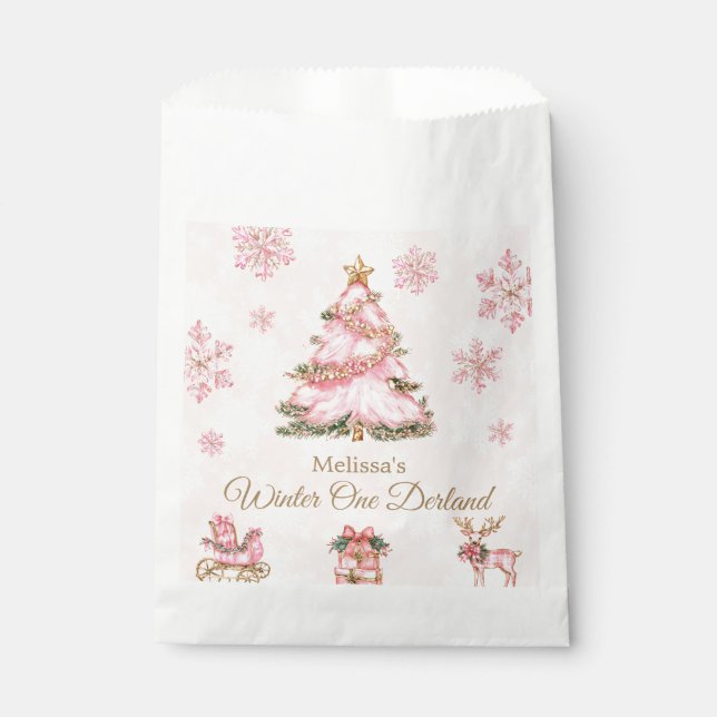 Bolsa De Papel Winter Onederland Girl 1st Birthday Pink Snowflake (Anverso)