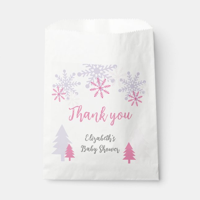 Bolsa De Papel Winter Wonderland Baby Shower Pink Snowflakes (Anverso)