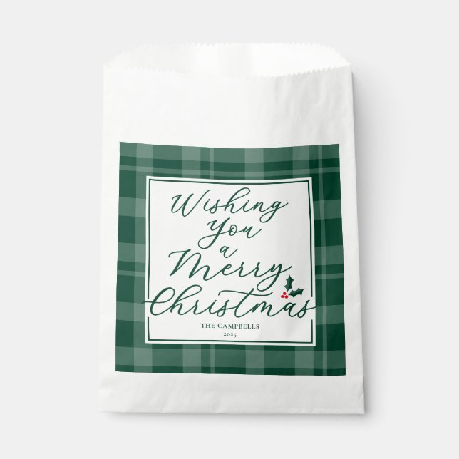 Bolsa De Papel Wishing You a Merry Christmas Green Plaid (Anverso)