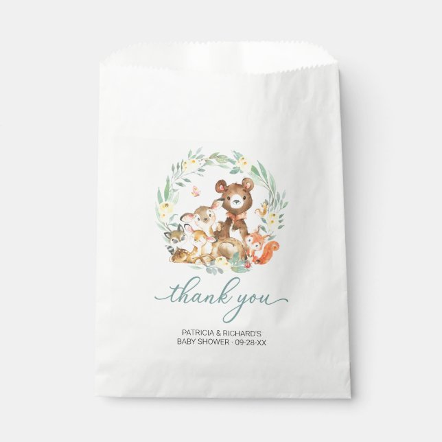 Bolsa De Papel Woodland Animals Greenery Baby Shower Gracias (Anverso)