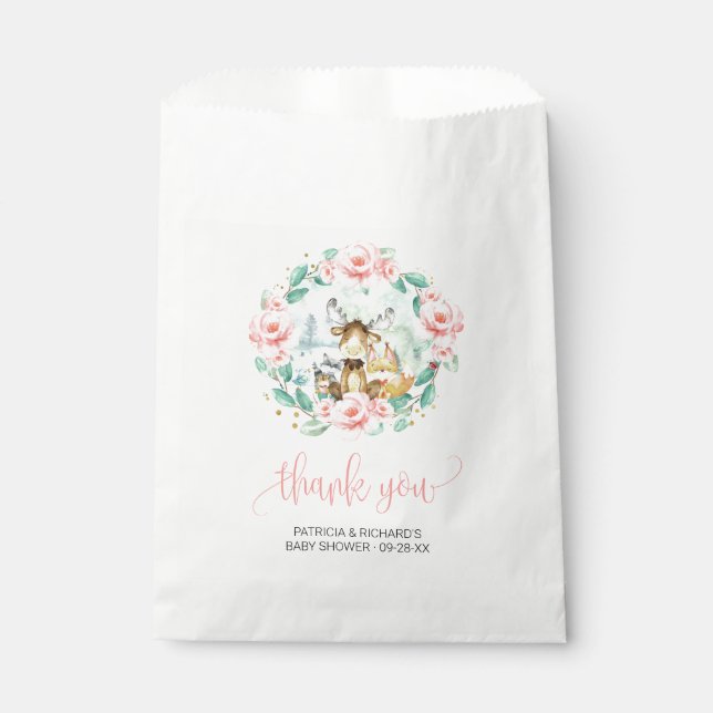 Bolsa De Papel Woodland Floral Green Baby Shower Gracias (Anverso)