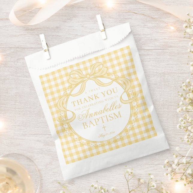Bolsa De Papel Yellow Gingham Coquette Bow Baptism Dessert (Cortado)