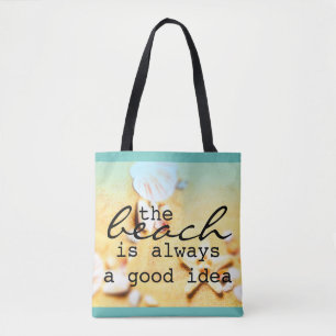 bolsa de playa conchas de mar y arena con texto