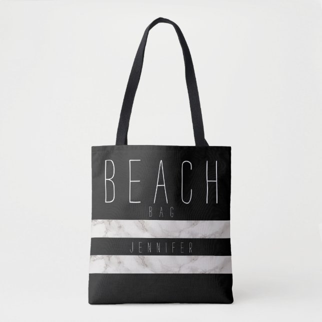 Bolsa de playa en negro y mármol con nombre (Anverso)