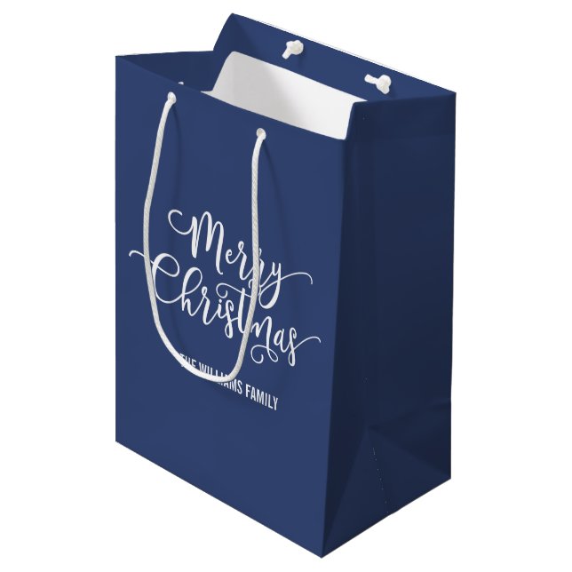 Bolsa de regalo azul con escritura navideña modern (Angulo Anverso)