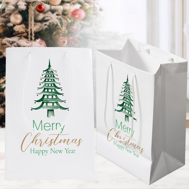 Bolsa de regalo de árbol de Navidad de la pagoda v (Green Pagoda Christmas Tree Gift Bag)