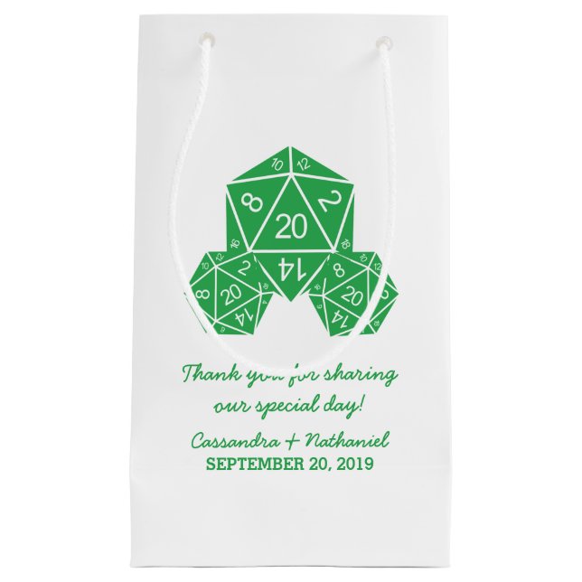 Bolsa de regalo de Boda verde D20 dados (Anverso)