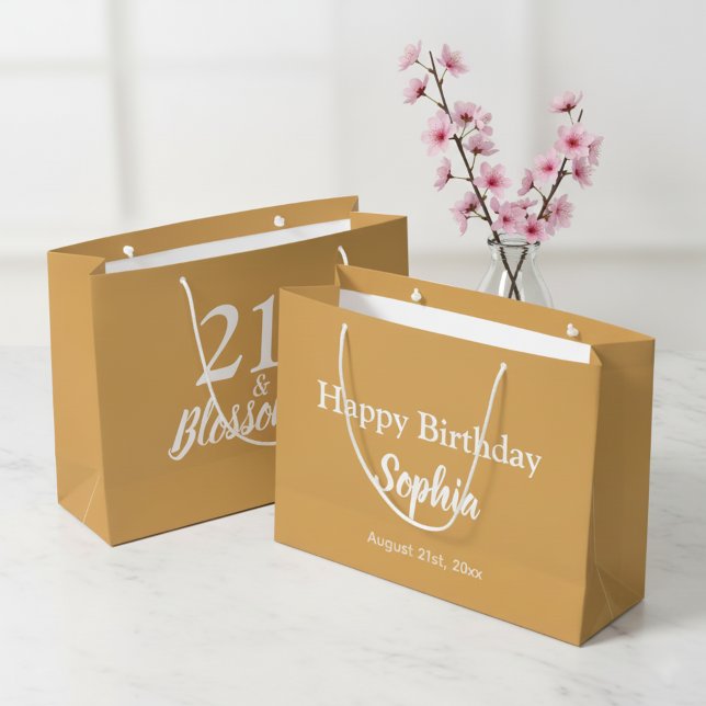 Bolsa de regalo de cumpleaños 21 dorada y blanca - (21st birthday gift bag. 🌸)