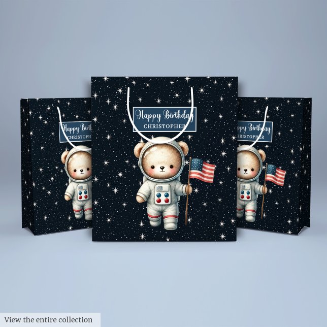 Bolsa de regalo de cumpleaños de niño con espacio  (Boy Birthday Gift Bag Featuring Space Teddy Bear)
