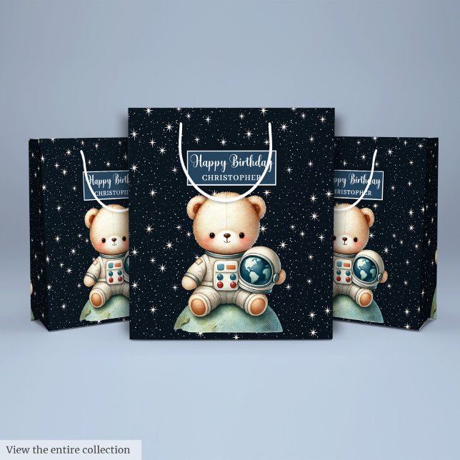 Bolsa de regalo de cumpleaños del oso espacial par (Space Bear Birthday Gift Bag for Little Astronaut)