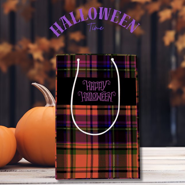 Bolsa de regalo de naranja morado feliz Halloween (Orange Purple Happy Halloween Plaid Gift Bag)