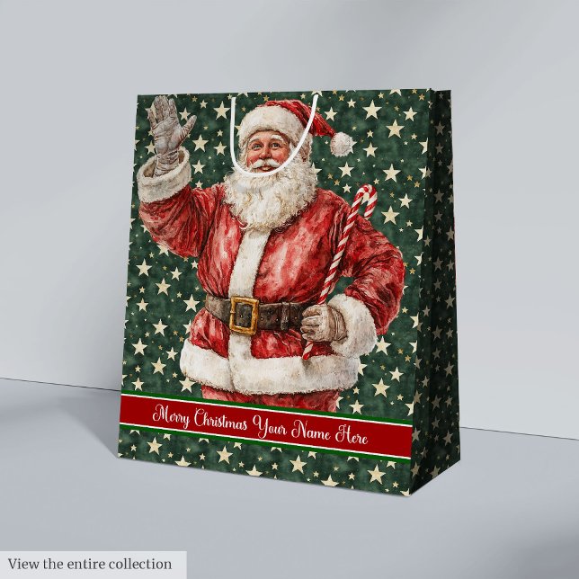 Bolsa de regalo de Navidad de Santa Claus, cosecha (Santa Claus Holiday Gift Bag, Monogrammed Vintage Medium Gift Bag)