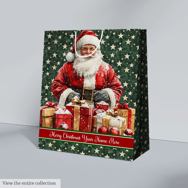 Bolsa de regalo de Navidad de Santa Claus, Monogra (Santa Claus Holiday Gift Bag, Custom Monogram Medium Gift Bag)