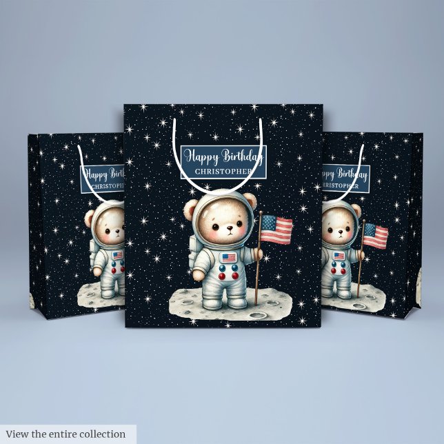 Bolsa de regalo de niño personalizado con tema del (Personalized Boy Gift Bag with Space Bear Theme)