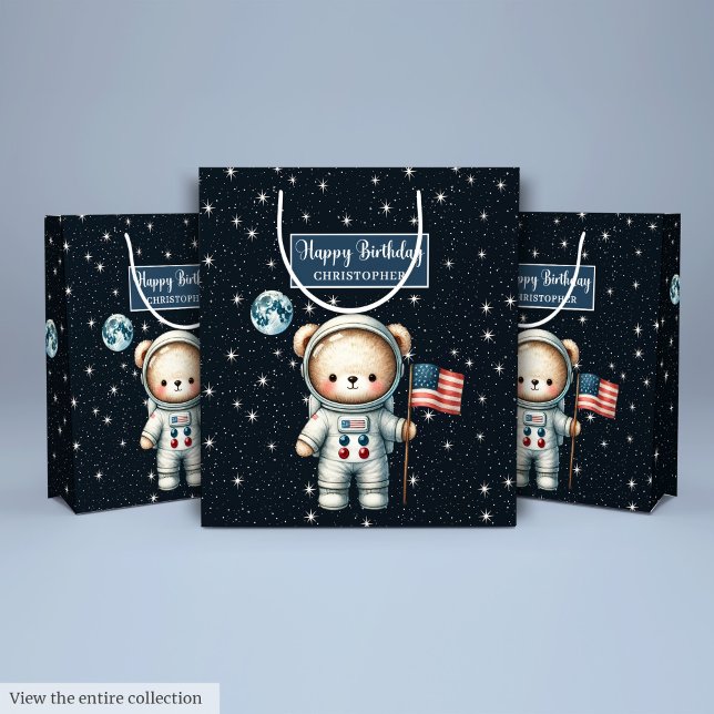 Bolsa de regalo de oso espacial personalizado para (Custom Space Bear Gift Bag for Boy Celebration)