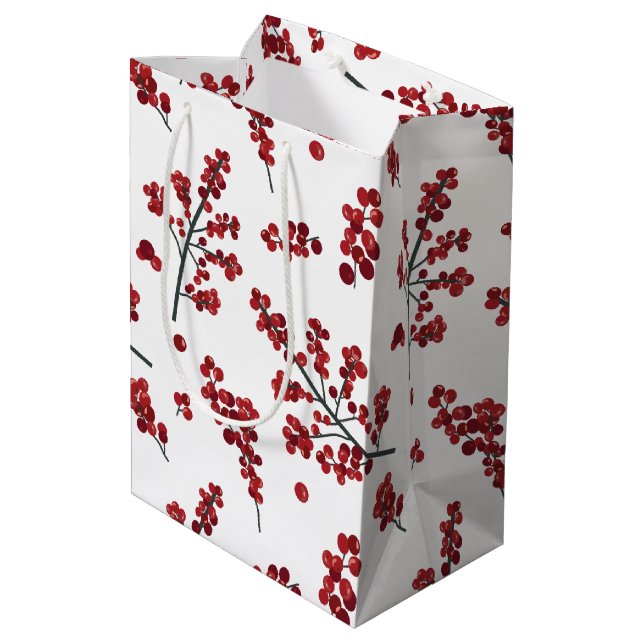 Bolsa de regalo de Red Holly Berries ilustrada (Angulo reverso)
