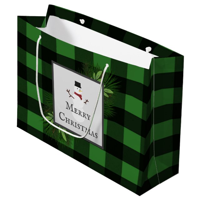 Bolsa de regalo de Snowman Green Buffalo Plaid (Angulo Anverso)