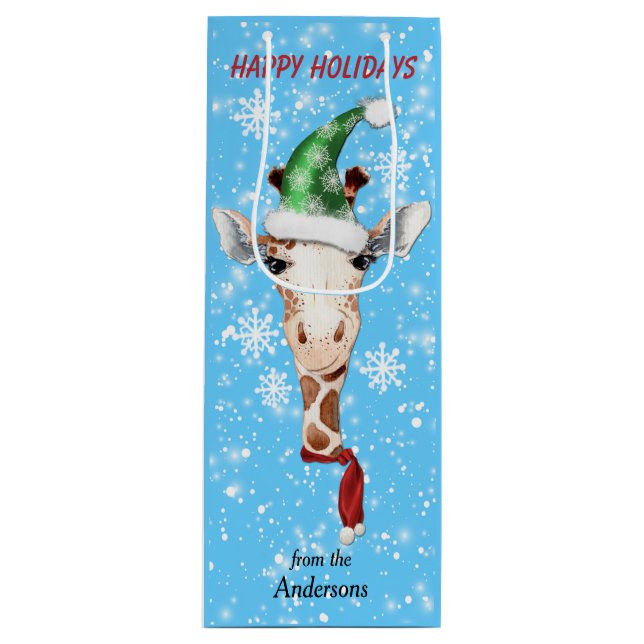 Bolsa de regalo de vino azul Santa Hat Giraffe Sno (Anverso)