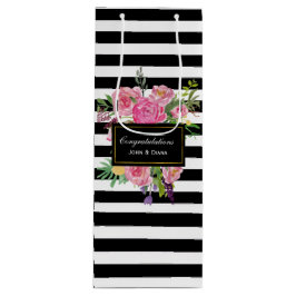 Bolsa de regalo de vino con rayas y flores elegant