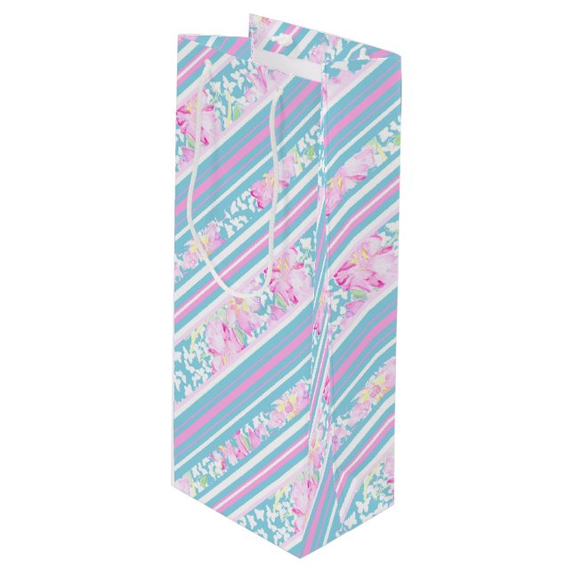 Bolsa de regalo de vino de rayas azules rosadas pa (Angulo Anverso)