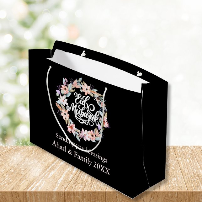 Bolsa de regalo Eid Mubarak, floral blanca y negra (Subido por el creador)