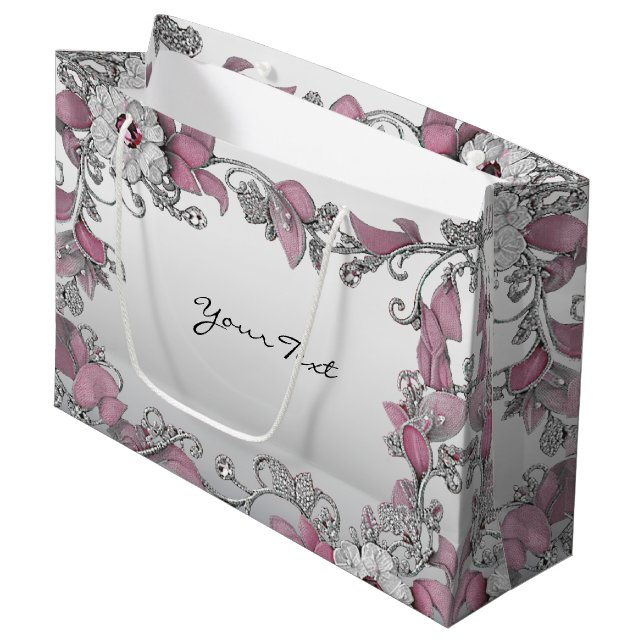 Bolsa de regalo floral blanca plateada rosa (Angulo Anverso)