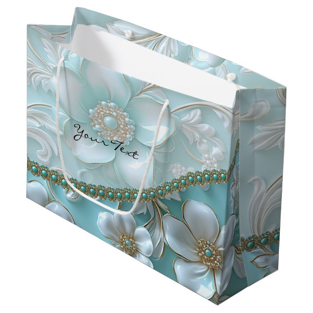 Bolsa de regalo floral blanca turquesa (Angulo Anverso)