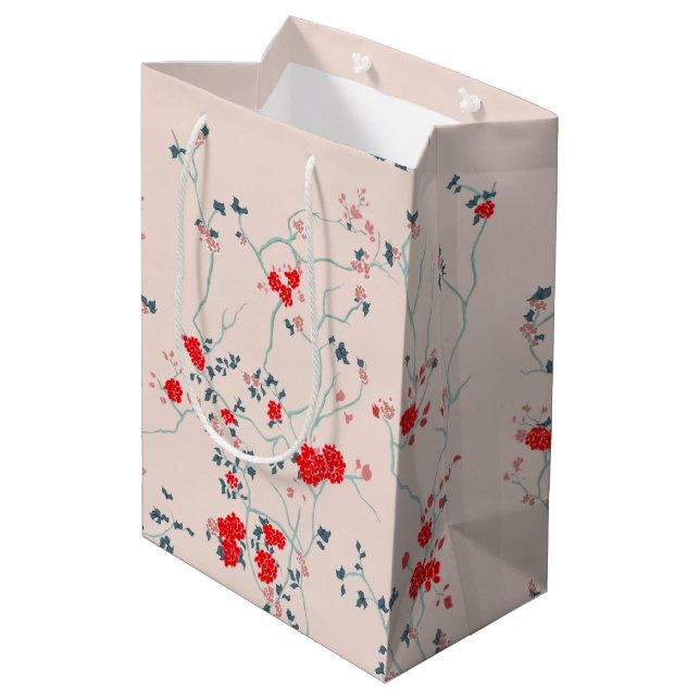 Bolsa de regalo floral roja y crema china (Angulo reverso)