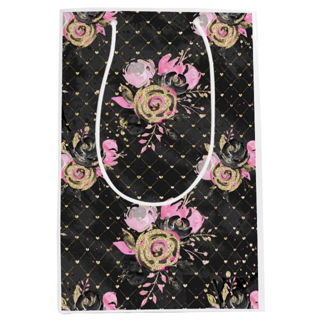 Bolsa de regalo floral rosa, negro y dorado (Anverso)