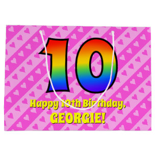 Bolsa De Regalo Grande 10.º cumpleaños: Rayas y corazones rosas, arcoiris