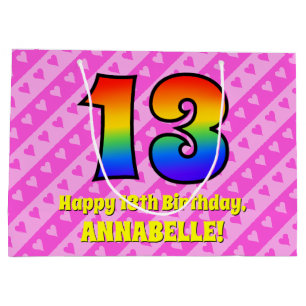 Bolsa De Regalo Grande 13.º cumpleaños: Rayas y corazones rosas, arcoiris