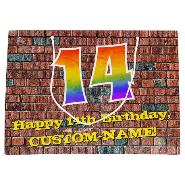 Bolsa De Regalo Grande 14° cumpleaños: Arcoiris divertido, inspirado en g (Anverso)